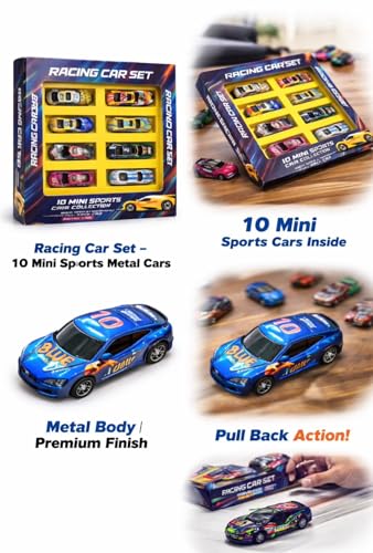 Image of Cable World Set of 10 Mini Racing Metal Die Cast Car Set | Khilona Metal Car for Kids | Pull Back Vehicles | Best Birthday Gift, Return Gift, Diwali Gift for Boys and Girls (Multi Color & Design)