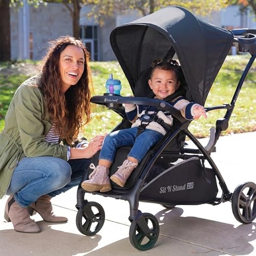 Image of Baby Trend Sit N' Stand 2.0, 5-in-1 Collapsible Sit and Stand Double Stroller with Bench and Standing Board, Compact Fold, Parent Console, Simple Grey