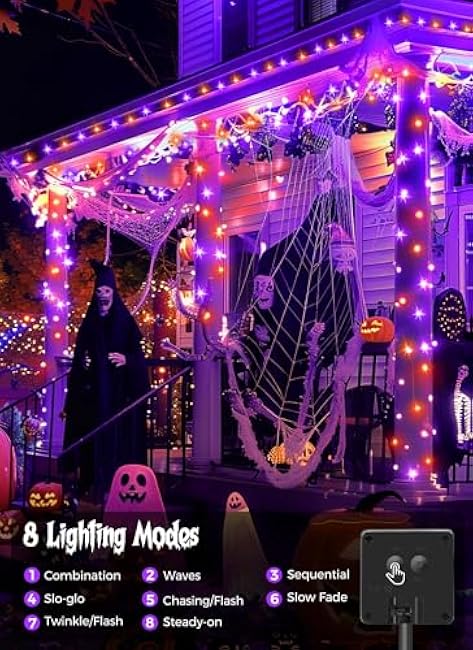 Minetom Halloween Solar Lights Outdoor - 4 Pack Total 160FT 400 LED Halloween String Lights with 8 Lighting Modes, IP65 Waterproof Solar String Lights for Outside Tree Party