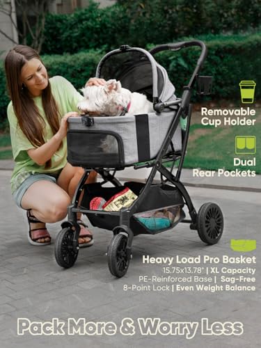 Image of Small Dog Stroller, Pet Stroller for Small Dogs, 5-in-1 Dog Strollers - Fold All in One Without Detaching Carrier, Pet Strollers with Removable Waterproof Carrier for Dogs Cats 10 lbs 20 lbs - Grey