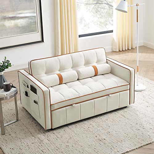 Jeeohey Sleeper Sofa Couch W/Pull Out Bed, 55.5" New Upgraded Tufted Velvet Convertible Sleeper Sofa Bed, Small Love Seat Sofa Bed W/ 2 Pillows For Small Space, Living Room, Apartment, Beige #TOP3