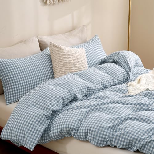 Image of TOCOMOA Blue Gingham Duvet Cover Bedding Set 100% Washed Cotton Like Linen Feel Super Soft Comfortable 3 Piece Vintage Plaid Checkered Comforter Cover Set (King 104 inchx90 inch, Comforter Not Included)