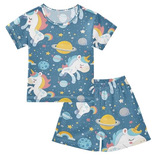 ALAZA Unicorn Star Planet Solar System Pajamas Set Short Sleeve Cotton Sleepwear Summer Pjs 2 Piece 5-14Y