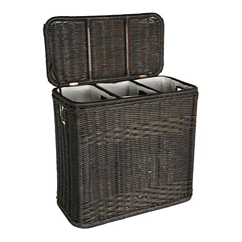 The Basket Lady 3-Compartment Wicker Laundry Sorter Hamper, 30 in L x 15 in W x 28 in H, Antique Walnut Brown Cover