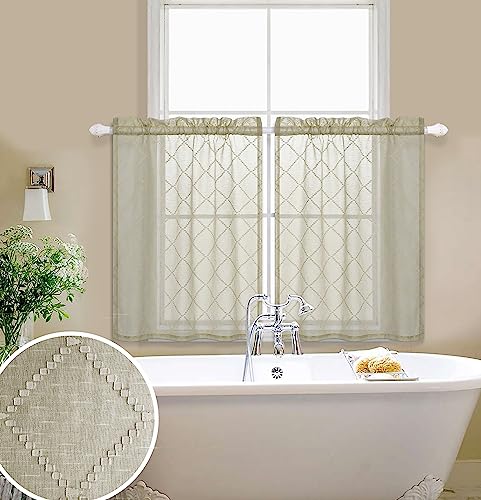 Koufall Tier Curtains 36 Inch Length For Kitchen 2 Panels Rod Pocket Embroidered Diamond Pattern Linen Semi Sheer Transparent Short Half Small Window Curtains For Bathroom Rv Campers Taupe Tan Brown #TOP2