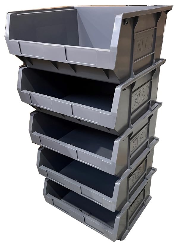 5 x XL6 Size 6 Small Parts Plastic Open Fronted Storage Stackable Bins 28 Litre Linbin Order Picking Stacking Boxes (Pack of 5) (Grey)