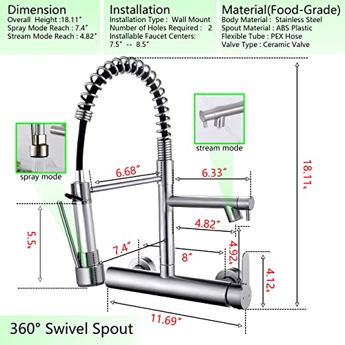Flwueue Wall Mount Faucet 8 Inches Center, With Dual Sprayers, Pull Down Sprayer Faucets, High Arc Spring Kitchen Sink Faucet, Grifos De Cocina, Brushed Nickel #TOP3