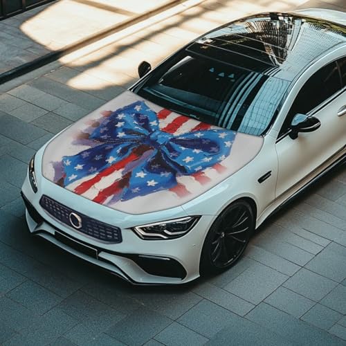 Image of American Flag Bow Car Hood Cover Watercolor Bow Star Stretchable Elastic 4th of July Auto Accessories for Car Hood Decoration and Protection, Universal Fit