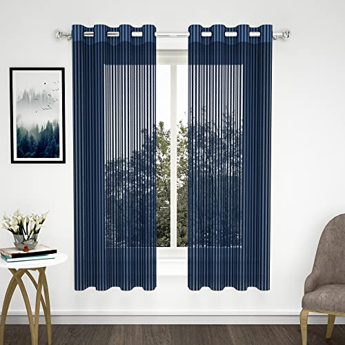 Story@Home Sheer Window Curtains Linen Look Semi Transparent Voile Grommet Zic Zac Curtains for Living, Dining Room Navy Blue (Set of 2, 5 Feet, Navy Blue)