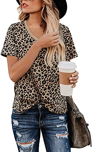 Blooming Jelly Camiseta de Mujer Blusas de Manga Estampado de Leopardo Corta Cuello Redondo Basica Camisa Verano Tops Cover