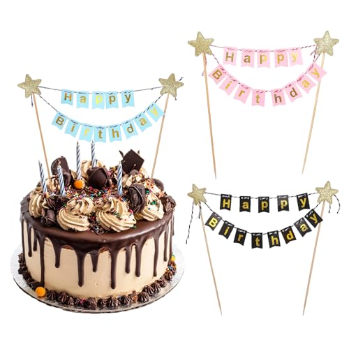 3Pcs Happy Birthday Cake Topper Tortenaufsatz Happy Birthday Tortenbanner Personalisierter Tortenaufsatz Mehrfarbige Flaggen Schild & Girlande für Kuchen Cupcakes Partyzubehör