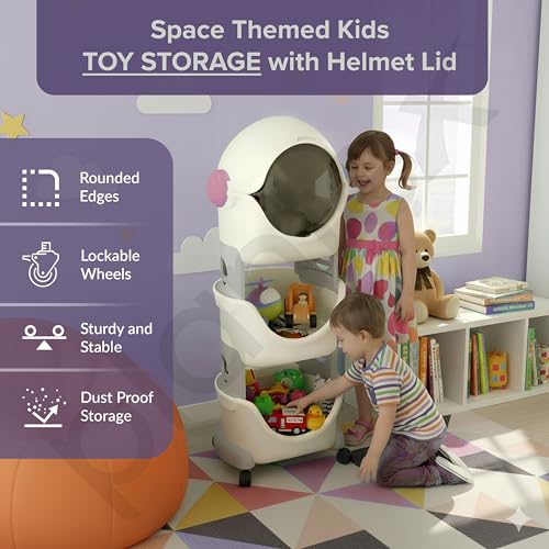 Image of Plantex Toy Rack for Kids Room /Multipurpose Astro Storage Organizer for Baby Clothes Wardrobe /3-Tier ABS Plastic Baby Toy Storage Organiser with Flip Cover-Pack of 1(White & Grey)