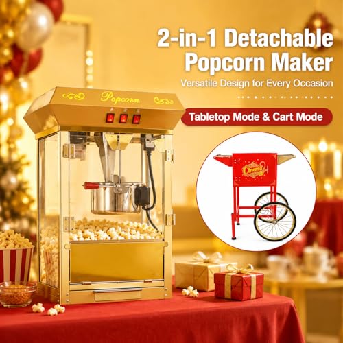 Image of Commercial Popcorn Machine with Cart - 16 OZ Kettle Popcorn Makers with Heating, 3-Switch Control & Tempered Glass Doors, for Office, Schools, Home, Carnival, Movie Theath, Parties, Christmas, Red