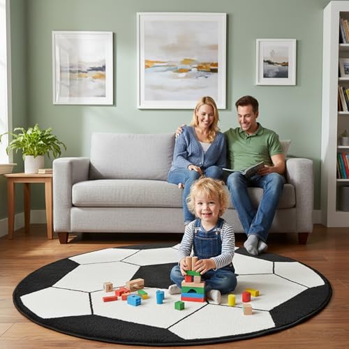 Furnish my Place Soccer Round Play Area Rugs for Kids | Round Shaped | Kindergarten Classrooms and Playrooms | Contemporary | Multicolor | (Soccer 3'3