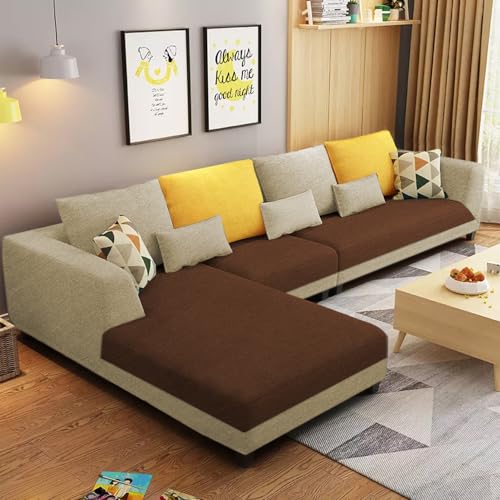 Image of Galib LHS 6 Seater L Shape Sofa Set for Living Room (Cream Brown Fabric) Premium Fabric Sofa