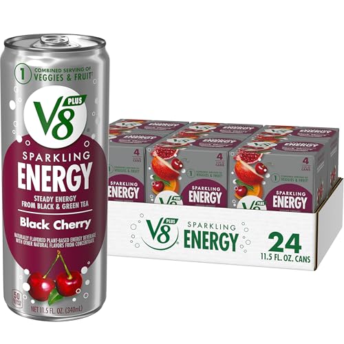 Image of V8 +ENERGY Black Cherry Energy Drink, Made with Real Vegetable and Fruit Juices, 11.5 FL OZ Can 4 Count (Pack of 6)
