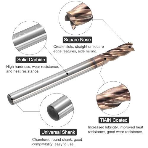 Image of uxcell Carbide Square End Mill, 1 /8 inch Dia TiAlN Coated 4 Flutes Milling Bit Cutter, for Hardened Steel Stainless Steel Alloy Metal, 1 /8 inch Shank 3 /8 inch Cut Length 1-1 /2 inch Long HRC55