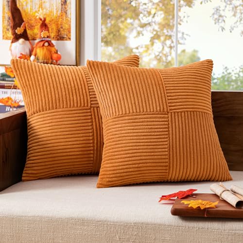 Image of MIULEE Burnt Decorative Throw Pillow Covers 18x18 Inch for Couch Bed Sofa Pack of 2 Fall Boho Farmhouse Throw Pillows Soft Cross Corduroy Patchwork Textured Cushion Cases