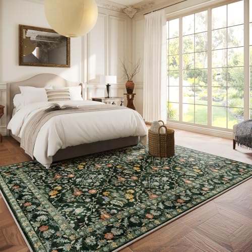 Image of Vintage Botanical Dark Green Area Rug 6x9 Elegant Floral Pattern, Durable Stain-Resistant Fabric, Perfect for Living Room, Bedroom, Dining Room Decor