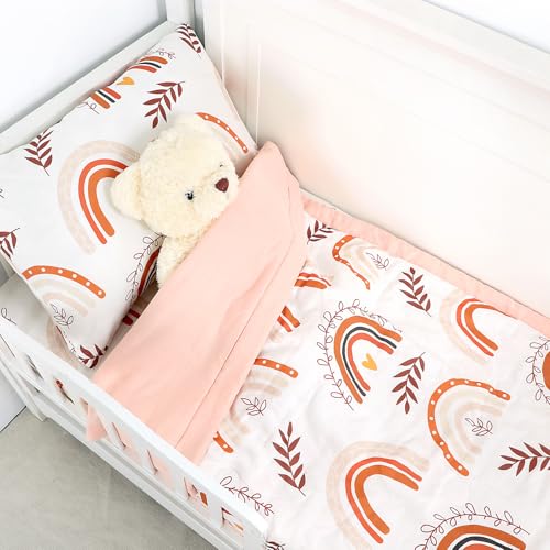 Image of Pea Pod Muslin Toddler Bedding Set Rainbow 3-Piece - Soft Breathable Crib Bedding with Fitted Sheet, Quilt & Pillowcase for Infant & Kids Bed | Machine Washable Nursery Bed Set