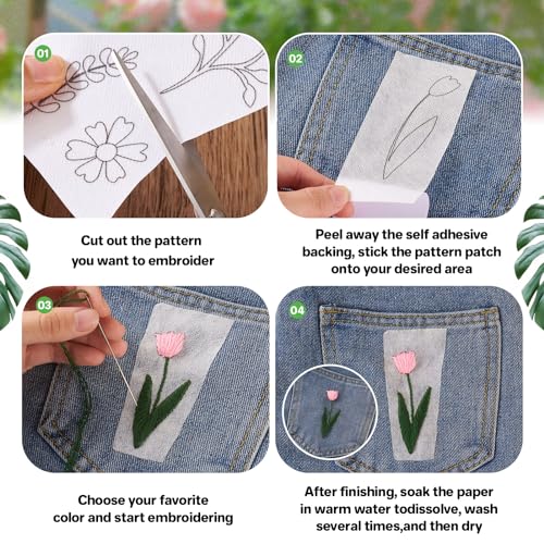 Image of Magibeads 80Pcs Flower Leaf Water Soluble Stabilizer for Embroidery Floral Patterns Adhesive Stick and Stitch Embroidery Transfer Paper for Hand Sewing Beginners