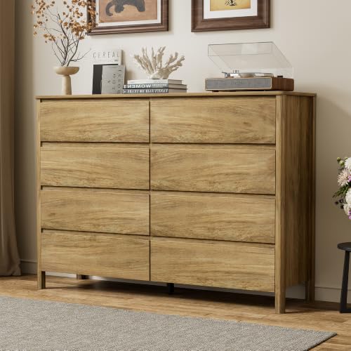 Image of Furniway 55 inch Wide 8 Drawer Wood Dresser for Bedroom with Legs, Natural Oak