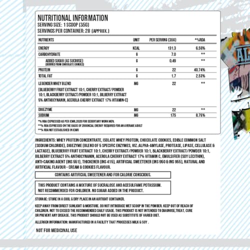 Image of ABSOLUTE NUTRITION Legender Whey Protein, Weight Loss, Sports Supplement, 5 Fruit Extracts, Sugar-Free, Protein Isolate, Digezyme, Vitamin C, 1kg (cream and cookies)