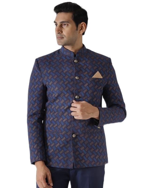 Image of KISAH Men's Sherwani, Indo-Western Blue Cotton Blend, Printed Regular Fit Mandarin Collar Long Sleeves