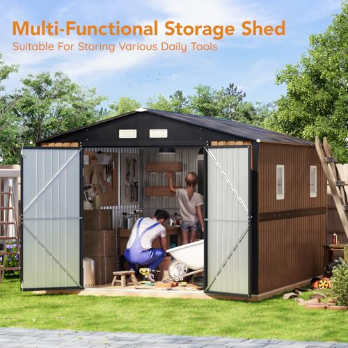Image of Panovue 10X12 FT Outdoor Metal Storage Shed with Lockable Doors & 2 Windows, Storage Shed Large with Metal Frame Floor for Patio Storage, Garbage Can, Chicken Coop(Wood Panels Not Included)