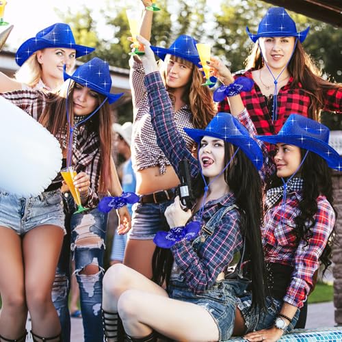 Image of Coume 12 Pcs Sparkly Adults Cowboy Hat and Bandanas Women Men Western Glitter Cowgirl Party Hats with Adjustable Drawstring