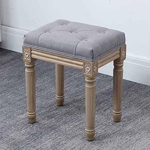 Tabouret de pied vintage en bois d'hévéa rembourré en lin kaki de 60x30x46 cm