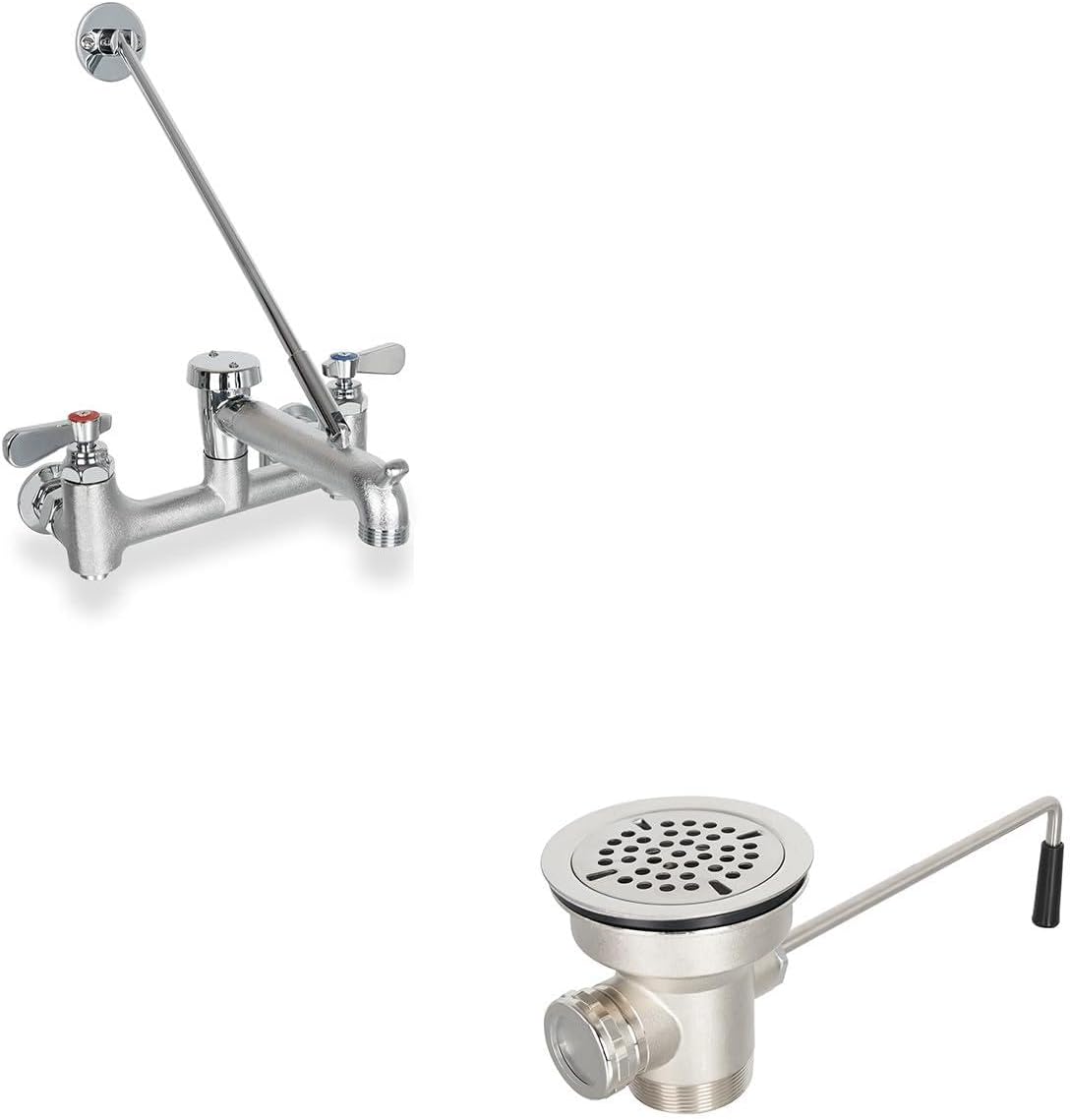 Commercial Mop Sink Faucet with Vacuum Breaker Wall Mount Service Sink Faucet & 3-1/2 Inch Commercial Sink Drain with Twist Handle Kitchen Sink Opening Waste Drain