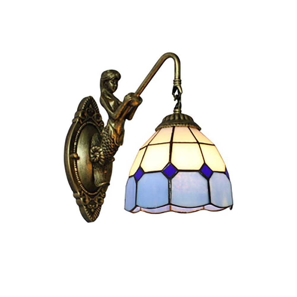 Entrance Aisle Living Room Dining Room Tiffany Wall Lamp,E27 Creative Mirror Front Lamp,Mermaid Lamp,Mediterranean Bedroom Bedside Bathroom Wall Lamp-Blue-White Tiffany 16 * 28cm
