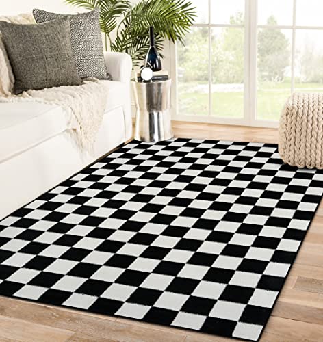 Persian Area Rugs Black 5X7 1909 Checkered White Area Rug Carpet, 5 Ft X 7 Ft (1909 Black 5X7) #TOP2