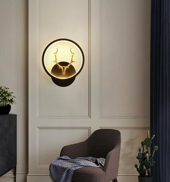 Image of Polyvinyl Chloride Deer Horn LED Wall Lamp for Living Room & Bedroom, Round Decorative Wall Light with 3 Color Lighting for Home Decor (Round A6 Horn LED WALL)