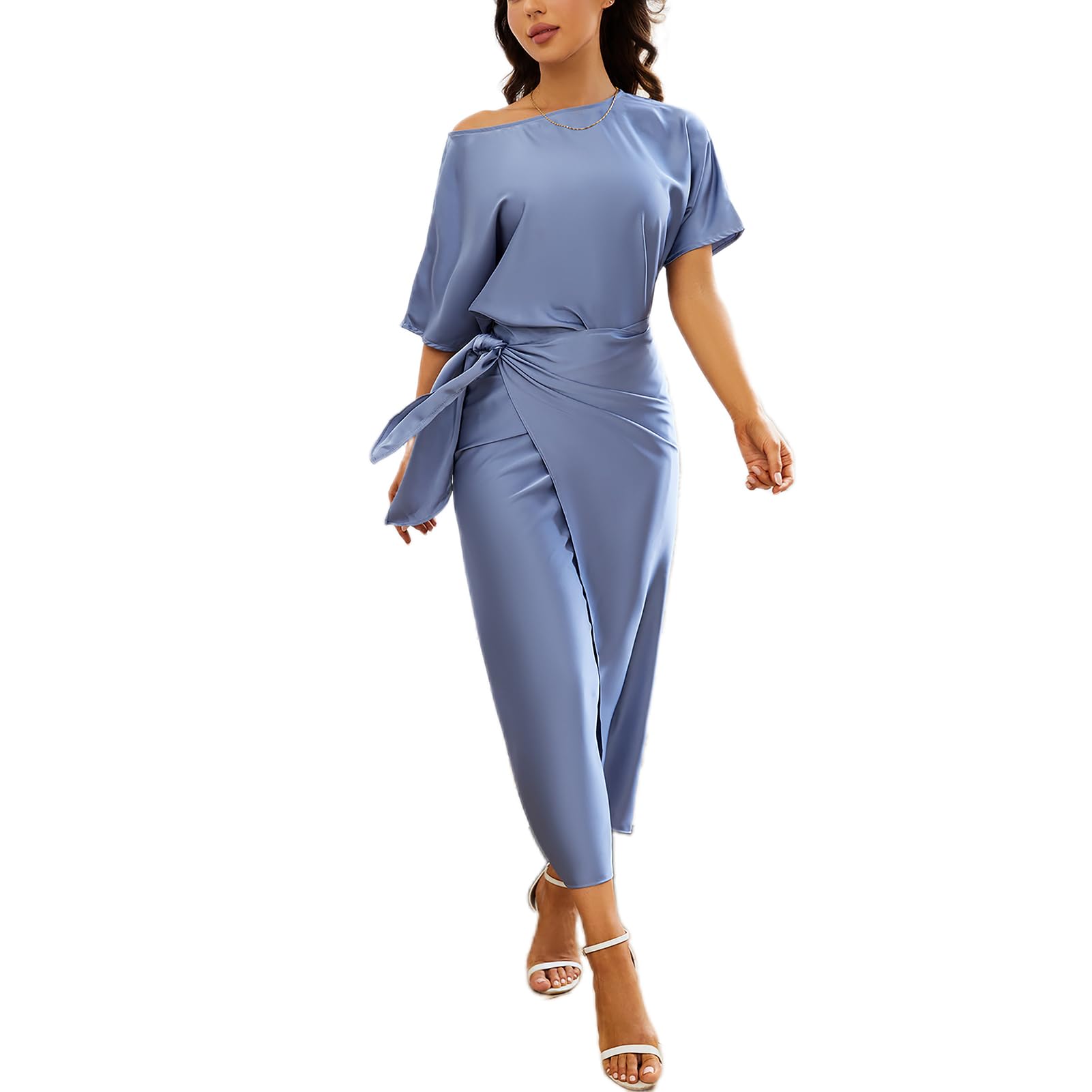 ZARSAFLY Women's Elegant Short Sleeve Crew Neck One Piece Solid Tie Waist Satin Long Formal Party Evening Dress