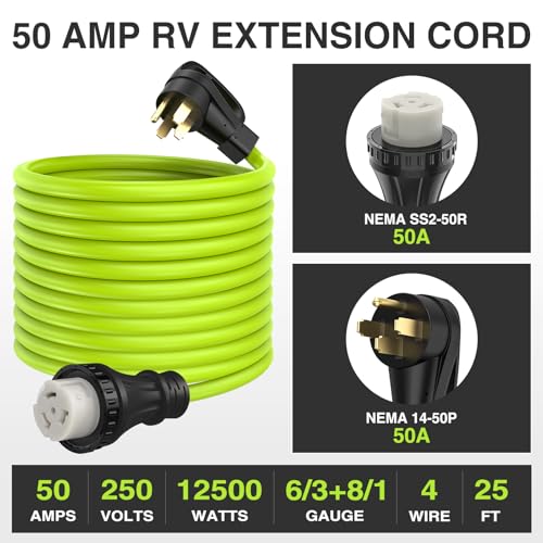 Image of Nilight 25FT 50 Amp RV Locking Extension Cord 250V Heavy Duty 6 /3+8 /1 Gauge Pure Copper STW Wire UL ETL Listed 4 Prong 14-50P SS2-50R Weatherproof Suit for Camper Caravan Trailer Bright Green