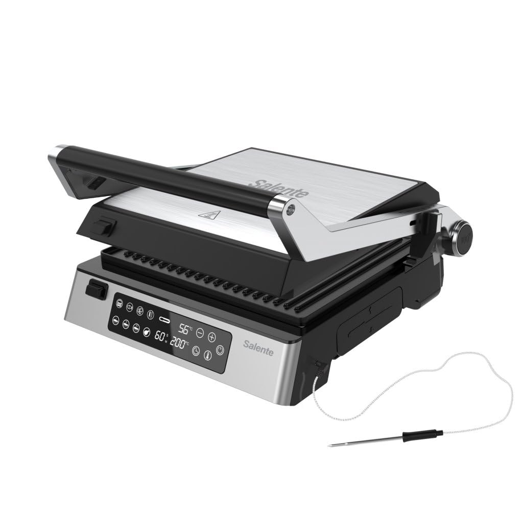 FlamePro - Barbacoa de contacto con sensor de temperatura externo, 8 programas, plancha antiadherente, 2200 W, placas desmontables, parrilla eléctrica para asar sin grasa