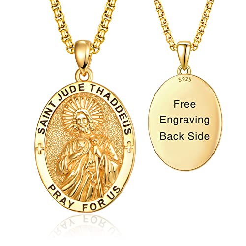 ADMETUS Personalized 24K Gold-Plated St Saint Jude Thaddeus Necklace for Men 925 Sterling Silver Medalla De San Judas Tadeo De Plata Medal Medallion Jewelry Religious Gifts