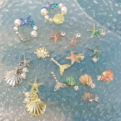 32PCS 3D Summer Beach Art Rhinestones Shell Starfish Fishtail Nail Studs Sea Series Ocean Theme Alloy Nail Charms Supplies for Nail Art Designs DIY Manicure Decoration