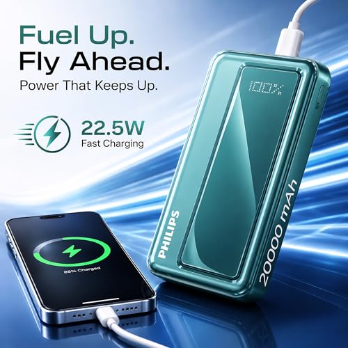 Image of Philips 20000mAh 22.5W Fast Charging Power Bank (Deep Cyan) with Digital LED Display | Type-C & USB-A Input /Output | 3 Output Ports | Lithium Polymer | Portable for Mobile, Tablet & Earbuds