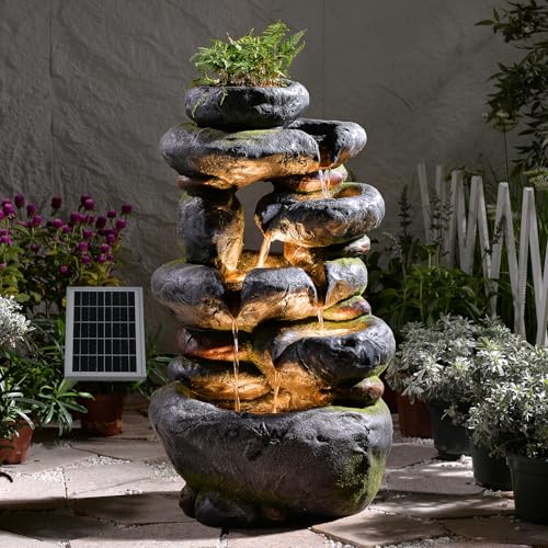 Pivotify 5-Tier Solar Water Fountain Outdoor Garden Cascading Rock Feature, 29.5''Tall Solar Powered Outside Fountains and Waterfalls with Lights for Garden, Patio, Yard, Deck Home Décor