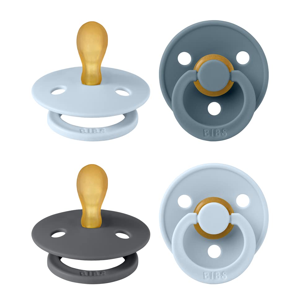 BIBS Colour Pacifier with Symmetrical Nipple| Natural Rubber Baby Pacifier | Set of 4 BPA-Free Soothers | Made in Denmark | Baby Blue Mix | Size 0-6