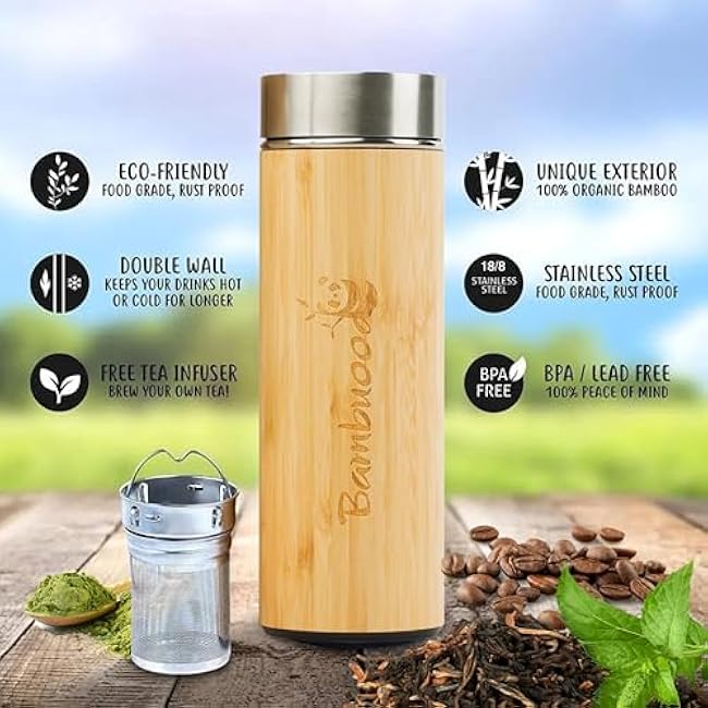 17 oz-Bambuood Premium Vacuum Insulated Stainless Steel Bamboo Tumbler - Leak Proof Bamboo Tumbler Thermos for Loose Leaf Tea, Coffee & Fruit-Infused Drinks - Keeps Cold 24/Hot 12 Hrs.
