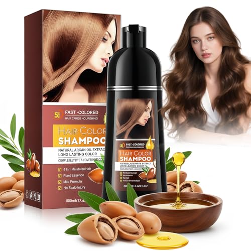 Champú Tinte Castaño Claro 4 en 1 para Hombre y Mujer, Cubre Canas Mujer, Cobertura de Canas Natural e Instantánea, Coloración Duradera y Suave para Todo Tipo de Cabello, Fácil de Usar en Casa, 500ML