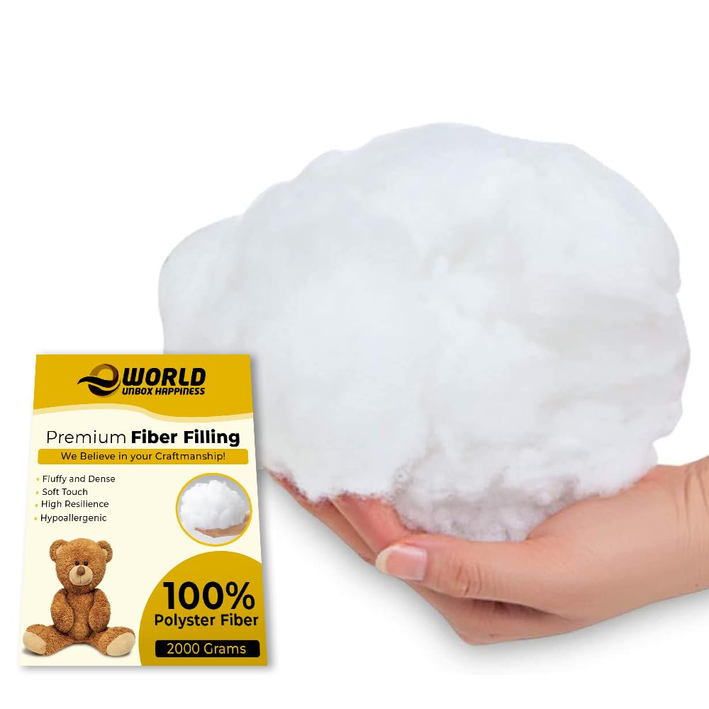 e World Polyfill Stuffing Fiber Fill - Premium White Fiber Fill – Pillow & Cushion Stuffing - High Resilience Fill Fiber for Stuffed Animal Crafts, Small Dolls (Grams) (2000)