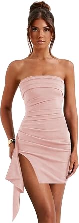 Womens Satin Strapless Homecoming Dresses for Teens Ruffle Slit Tight Short Prom Gown Cocktail Party Dress