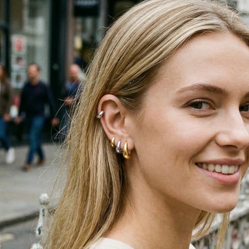 Image of Two Tone Gold Chunky Huggie Hoop Earrings Set for Women Men Hypoallergenic 14K Plated Stack Cartilage Earrings, Sterling Silver Multiple Piercing Lightweight Mini Thin Dainty Trendy Jewelry Gift