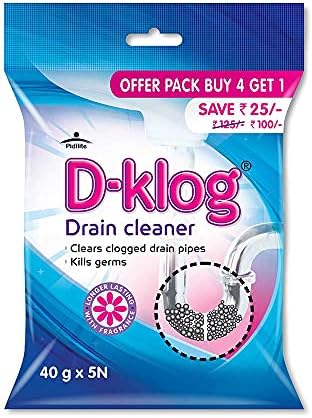 D-Klog Drain Cleaner Powder (40g x 5N), Removes Clogs, Blockages in Washbasin, Septic Tank, Sinks, Pipes within 30 Minutes, No Manual Hassle Drainage block and Clog remover (1 pc)