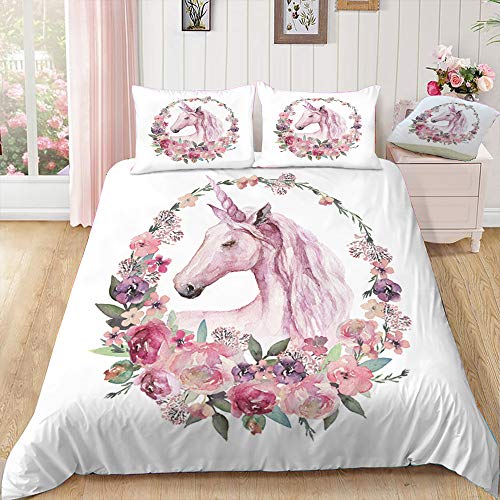 Pretty Unicorn Flower Pattern 100% Microfiber 3D Printed Bedding Sets Duvet Cover Set Gift for Little Girls